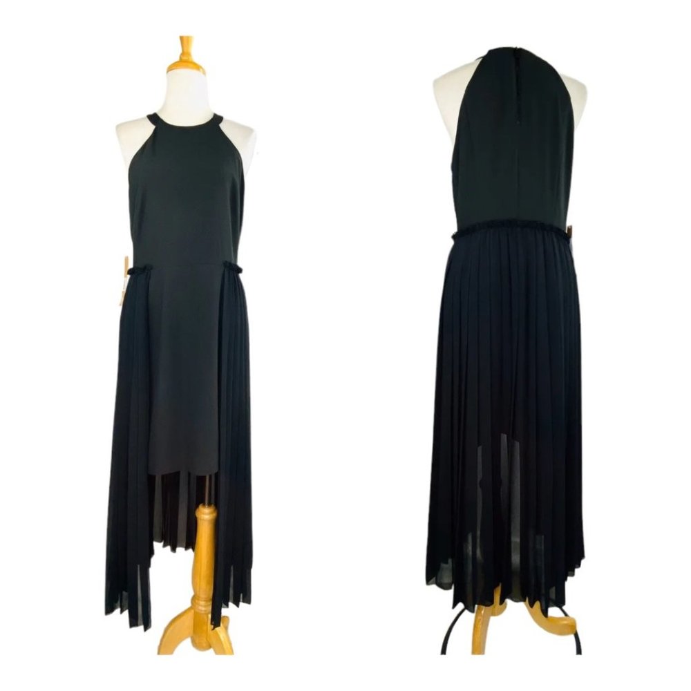 Rachel Roy High Neck Crepe Dress With Chiffon Overlay Black NWT Sz 8 Hi Low - Picture 2 of 11